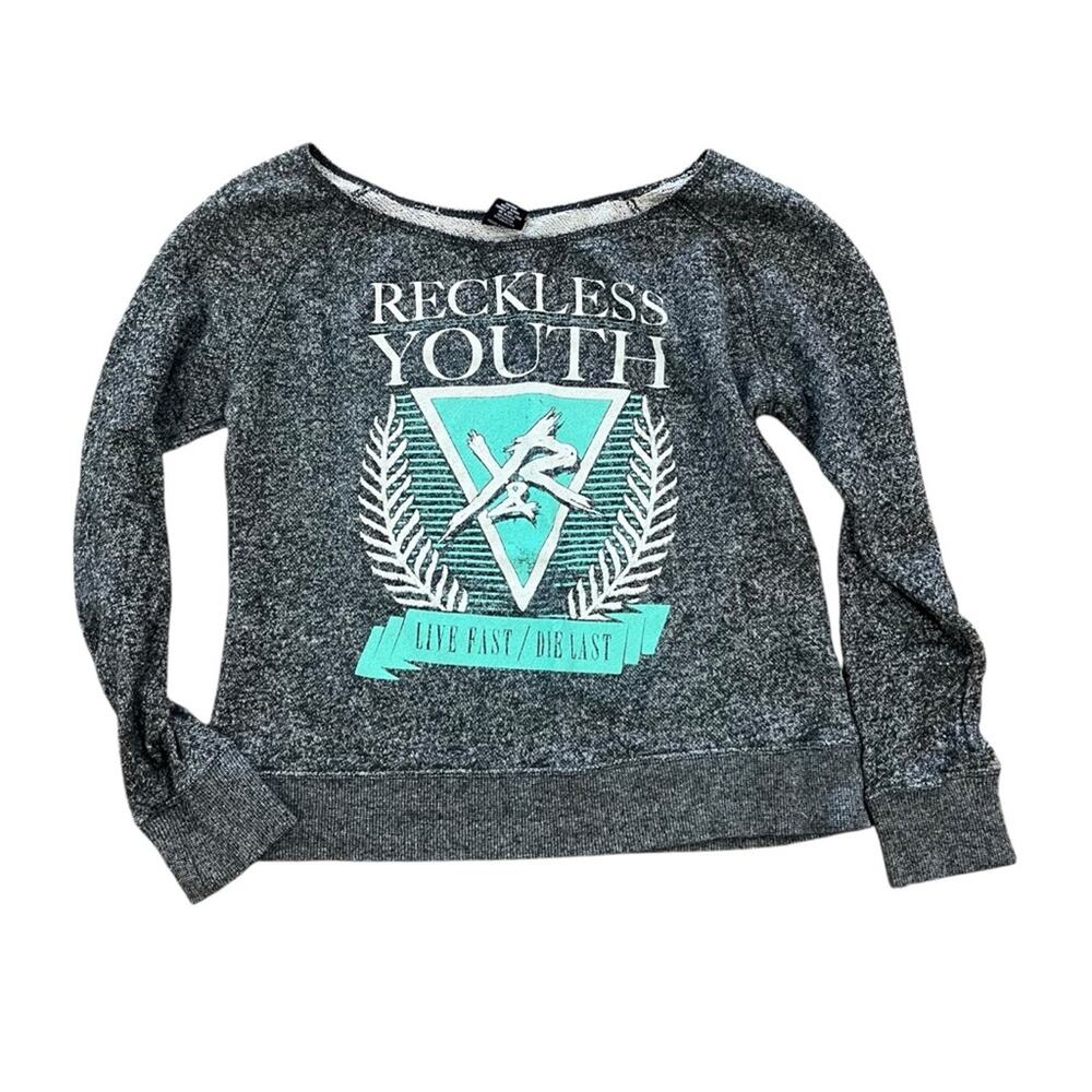 Young & Reckless Sweatshirt Women Size Medium Wide Neck Off Shoulder Gray Rugged